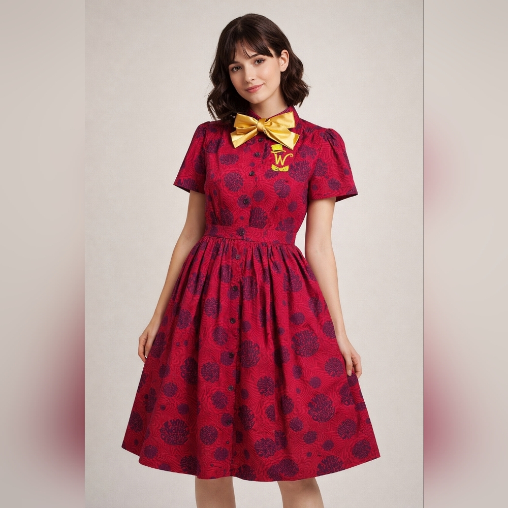 Willy Wonka X Unique Vintage Berry Swirls & Gold Bow Swing Dress - Size L(10/12)